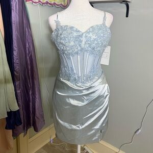 Light Blue Embellished Lace Bodice Satin Dress